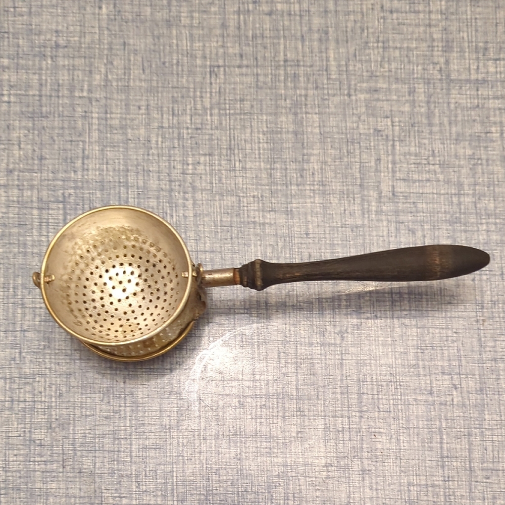 Vintage Brass Tea Strainer with Wooden Handle